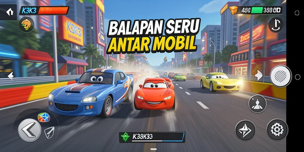 Tampilan gameplay seru K3K3 dengan balapan mobil yang cepat.